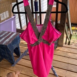 Women’s 3x Hot Pink Swimsuit top with Braided Black-Beige Straps & sequins